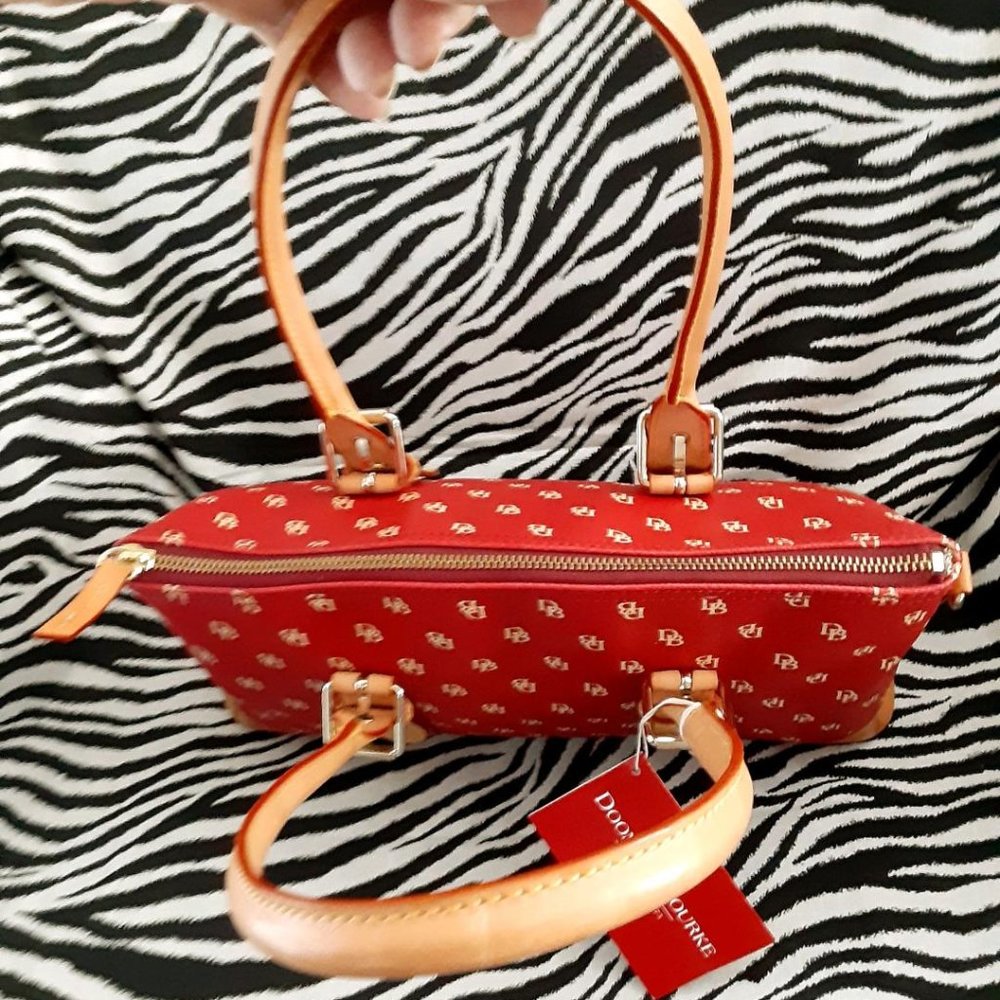 Red Logo-Print Satchel with Tan Trim and Double Handles, No Strap ! - Picture 7 of 16